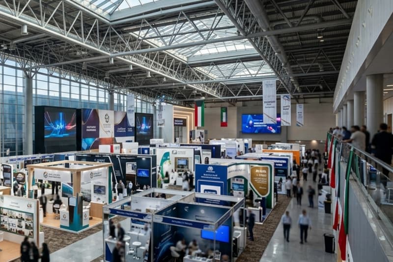 Custom-built exhibition booth with branded display panels